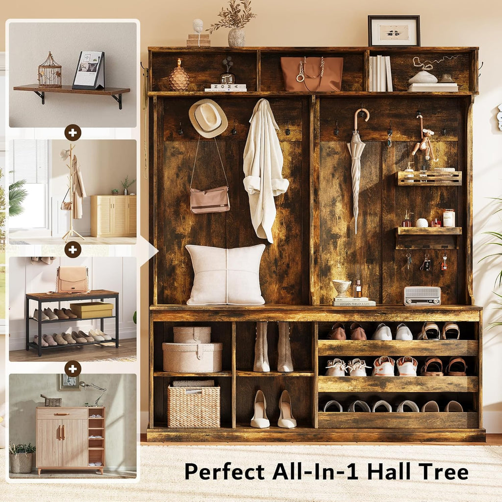 70" Large Hall Tree with Bench and Adjustable Storage Shelves, 6-in-1 Farmhouse Entryway Bench w/Coat Rack, Top