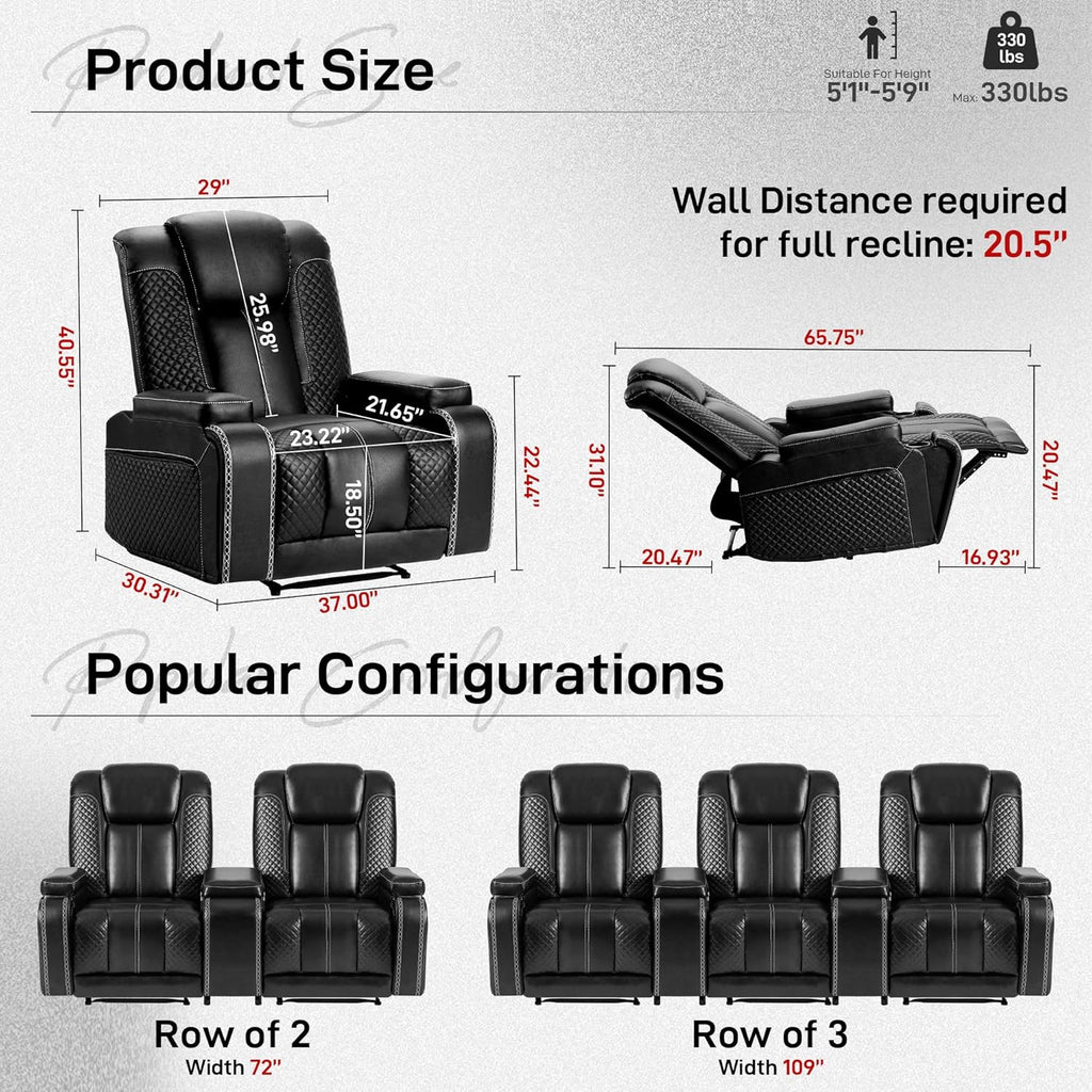 Recliner Chair Set of 2 Theater Seating Breathable Leather Sofa, Suitable Living Room Home Black