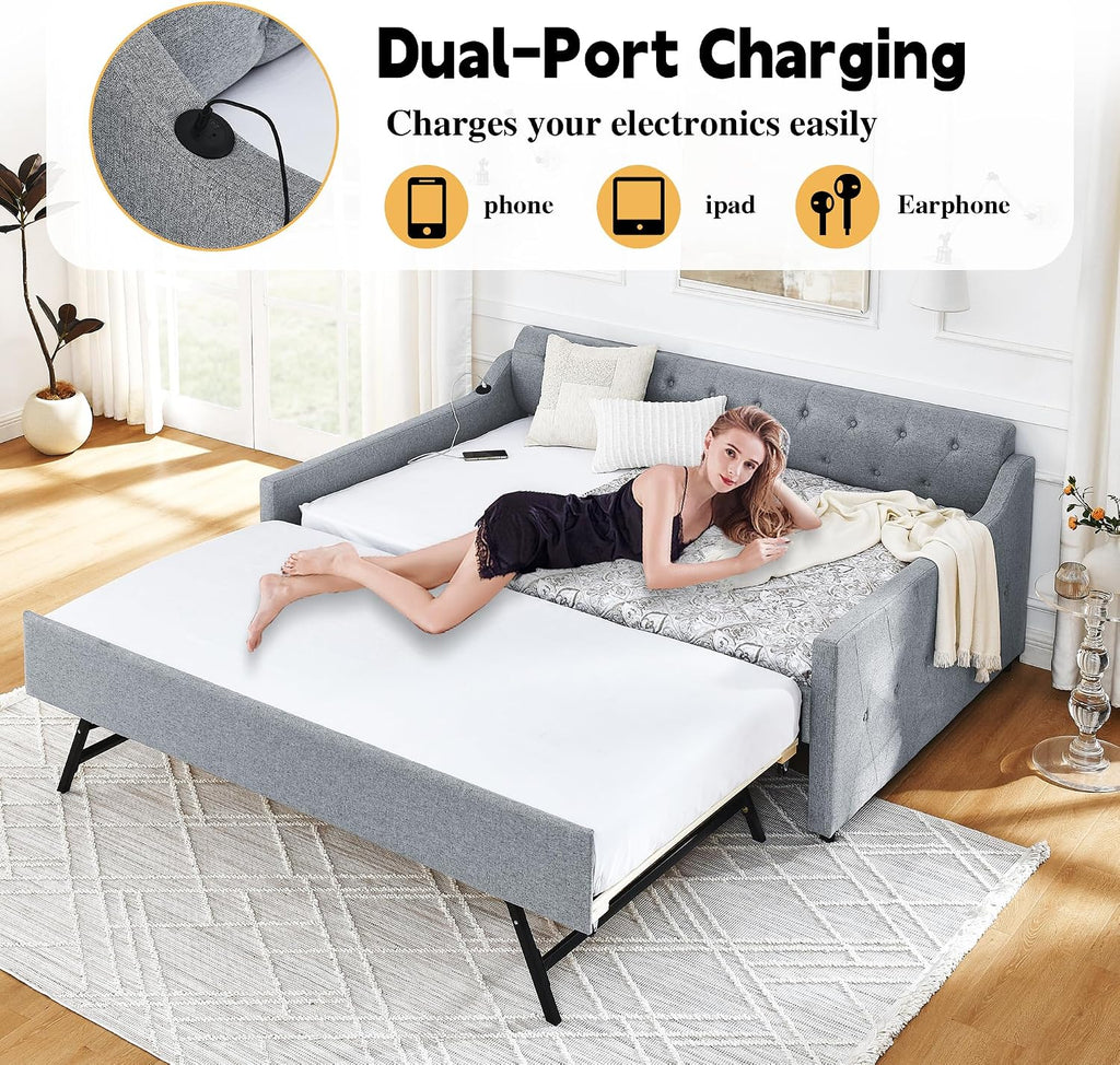 Twin Size Daybed with Pop Up Trundle, Upholstered Daybed with Trundle and USB Charging Ports, Linen Twin Size Sofa