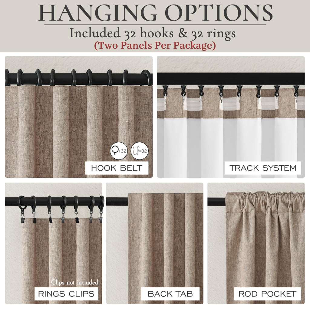 Dark Flax Black Out 120 Inch Long Boho Curtains 2 Panel Set, Farmhouse Curtain Darkening/Thermal/Noise Reduction