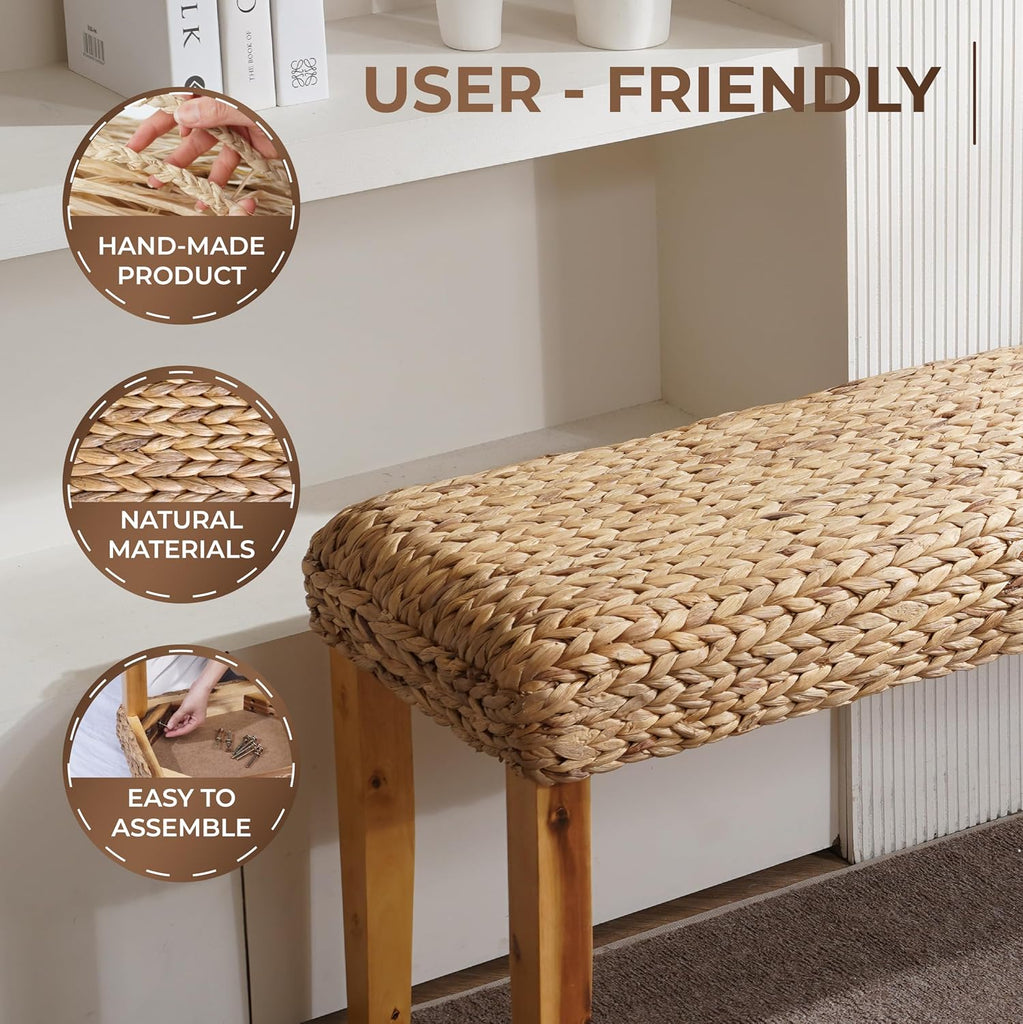 Solid Wood Acacia Indoor Bench, 47 Inch Water Hyacinth Seat, Fishbone Style | Natural Woven Seat, Living Room or