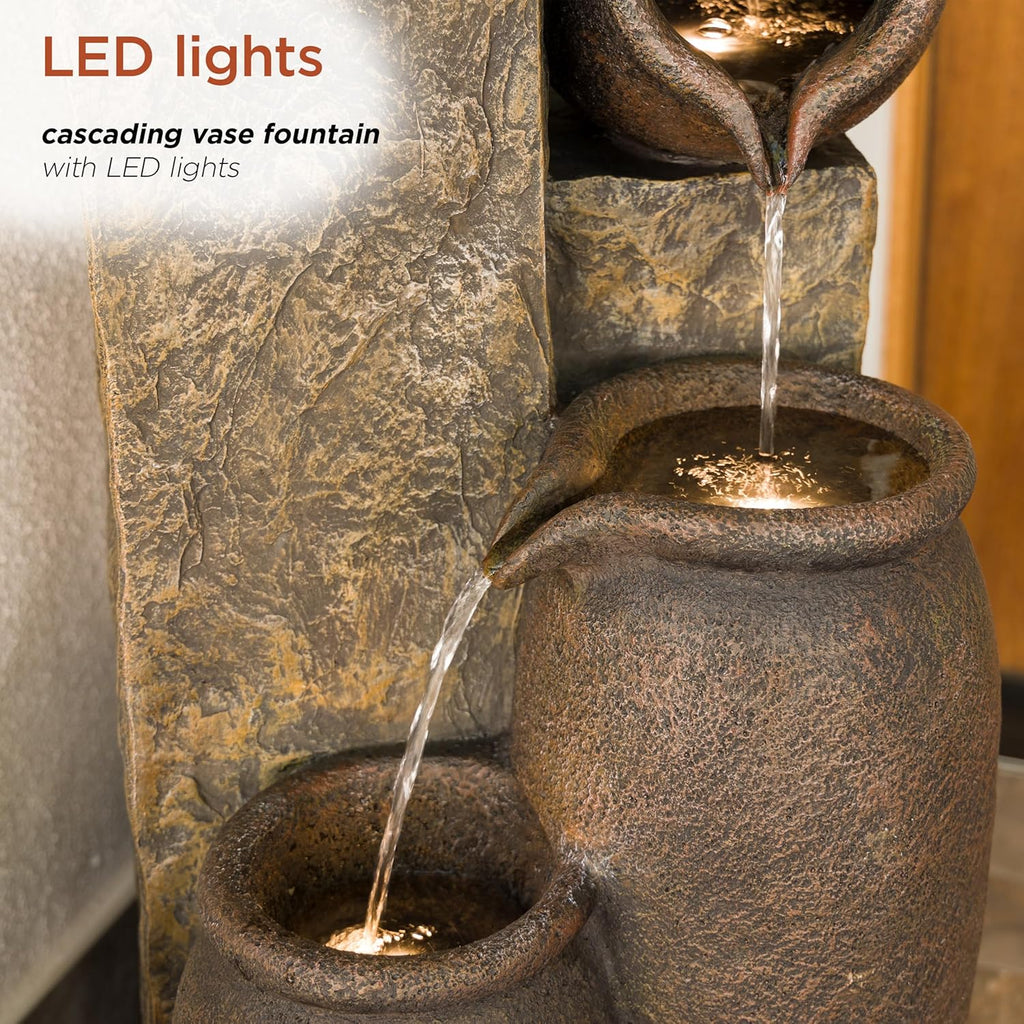 43" Tall Indoor Outdoor Pottery Fountain with Replaceable LED Lights, Water Feature Decor, Brown