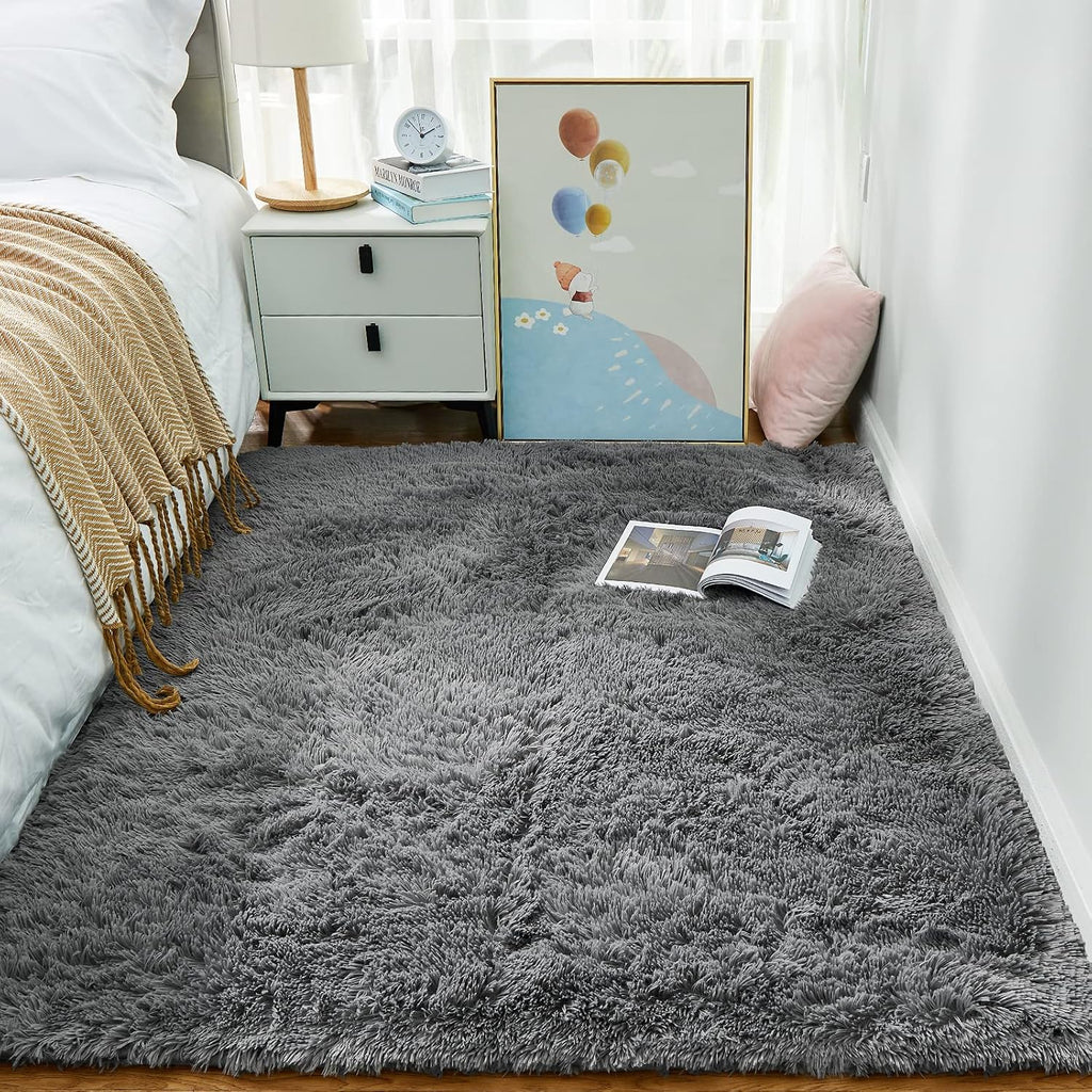 Area Rugs Bedroom, Washable Non-Slip Fluffy Soft Grey Shag Carpet, Indoor Floor Gray 4x6 Fuzzy Shaggy Living Room