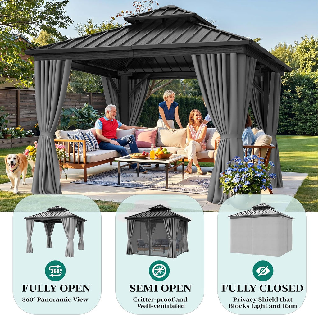 10X10FT Gazebo Patios Hard Top Outdoor Double Roof Canopy Aluminum Frame Garden Gazebo with Curtains Netting for Backyards Decks Lawns, Gray