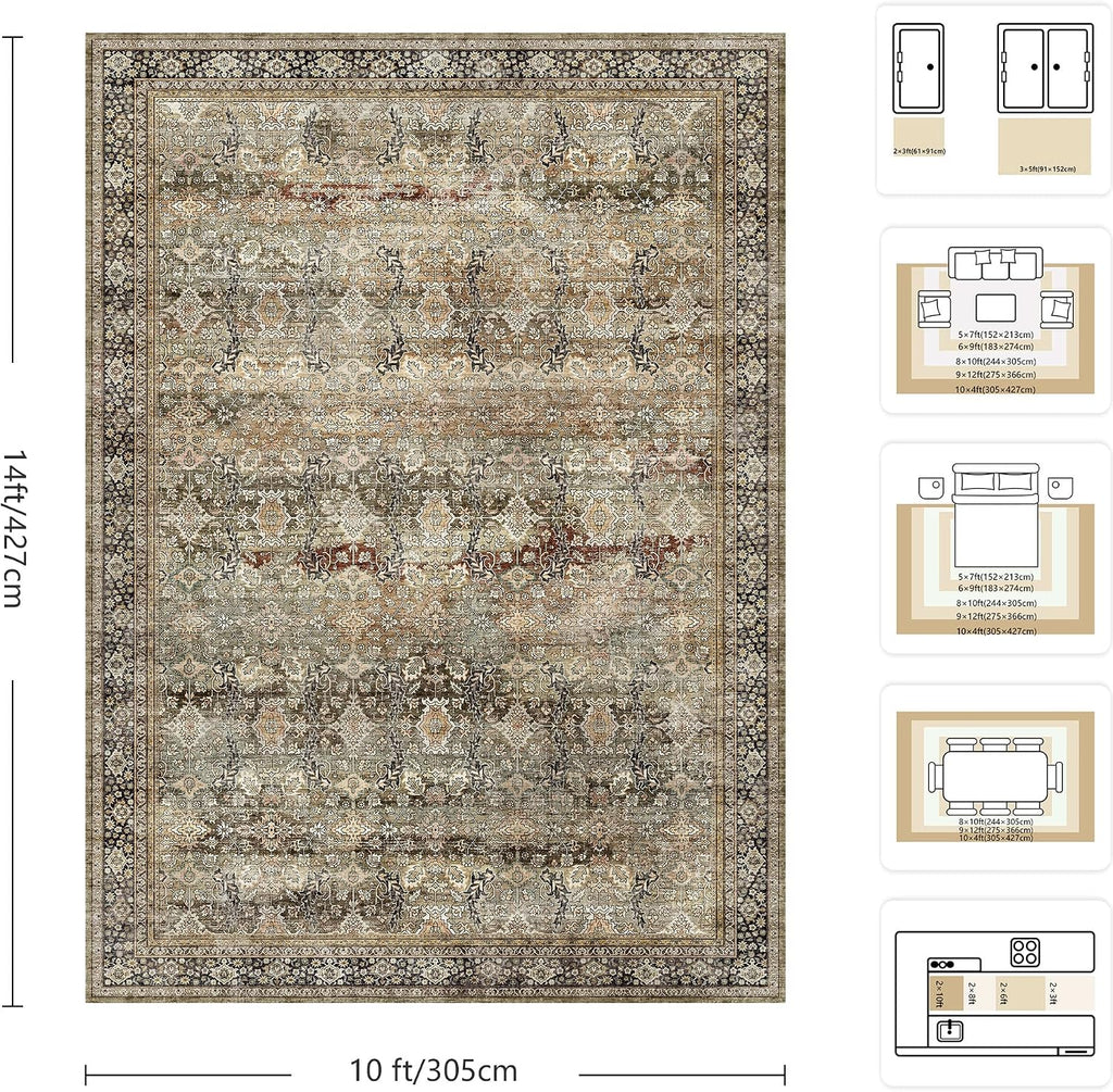 10x14 Area Rugs - Washable Vintage Retro Large Rug, Soft Ultra Thin Non Slip Low Pile Traditional Distressed Boho