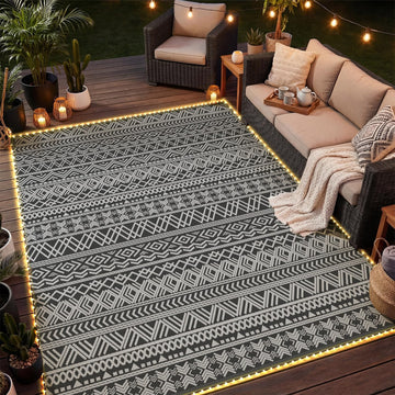 Outdoor Rug Carpet RV Camping with Led Strip Lights Waterproof Plastic Straw Rug Reversible Portable Outside
