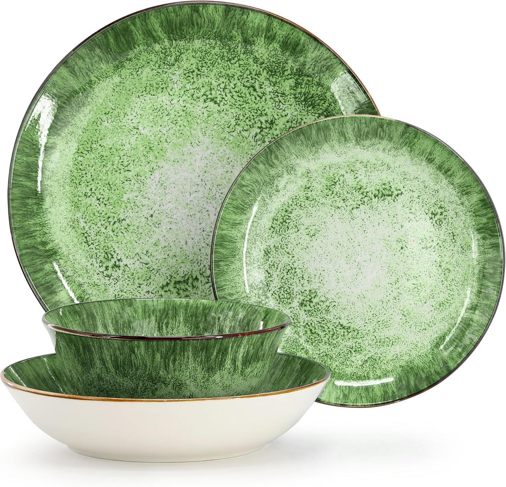Oceanus 16 Piece Round Shape Porcelain Double Bowl Dinnerware Set, Tableware Set, Table Setting- Service for 4 (Green)