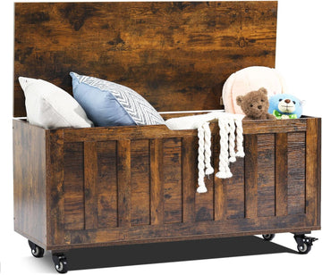 Storage Chest, 39.4'' Wooden Storage Bench with 4 Wheels & 2 Safety Hinges, Retro Toy Box Support 300 lbs , Easy