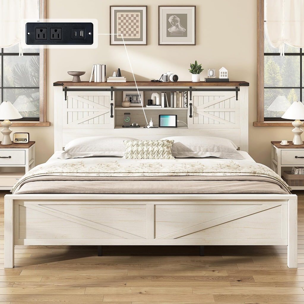 King Size Farmhouse Platform Bed Frame with Bookcase Storage Headboard, Built-in Power Outlet & USB Ports, Rustic