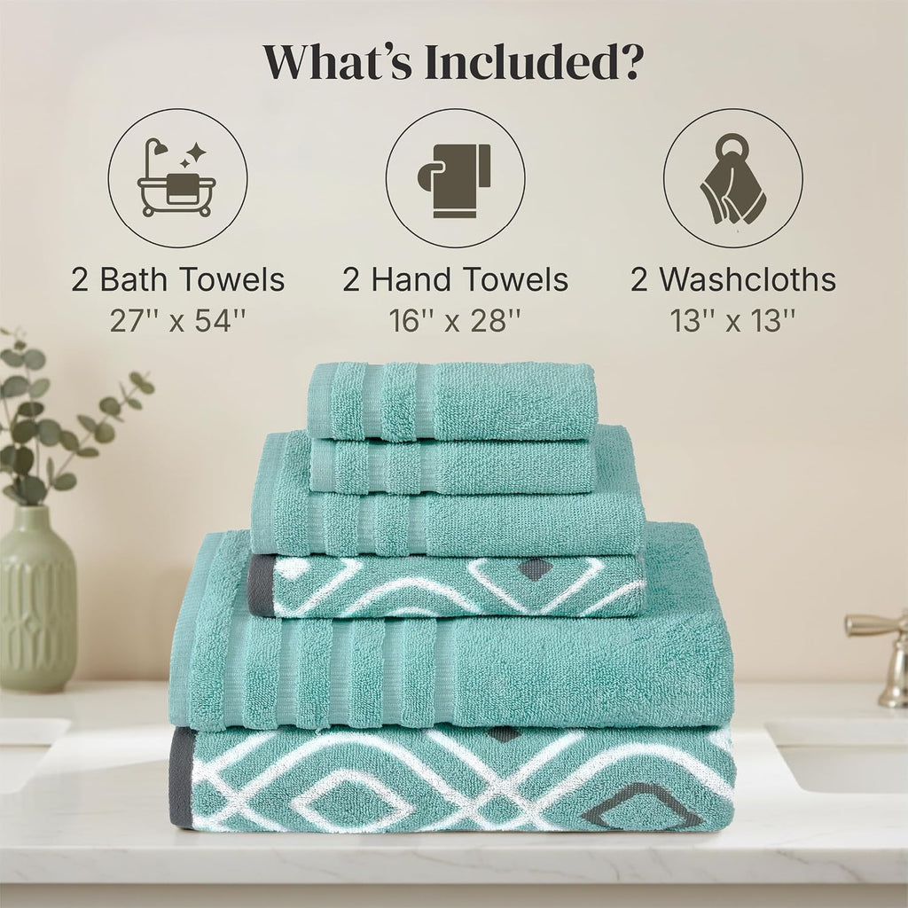 6 Piece Bath Towel Set - Bathroom Set with 2 Bath Towels, 2 Hand Towels, and 2 Wash Cloths - 100% Cotton, Super