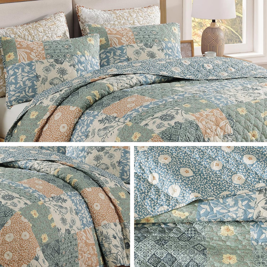 Quilt Set - 3 Pieces Patchwork Green Quilt Bedding Set, Lightweight Bedspread Coverlet, Reversible Floral