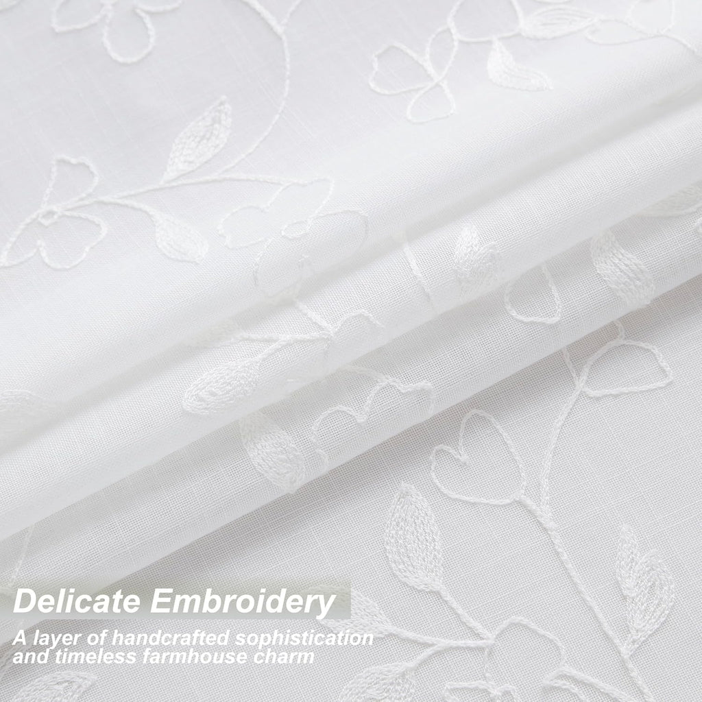 White Embroidered Floral Pinch Pleated Sheer Curtains Leaf Patterned Rustic Light Filtering Window Panels for Living