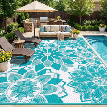 Outdoor Rug for Patio 9x12 ft Reversible Plastic Straw Patio Camping Rug, Floral Waterproof RV Mat f