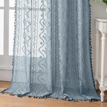 Boho Lace Curtains 2 Panels 96 Inch -Victorian Sheer Panel Drape French Country Floral Pattern & Tassel Light