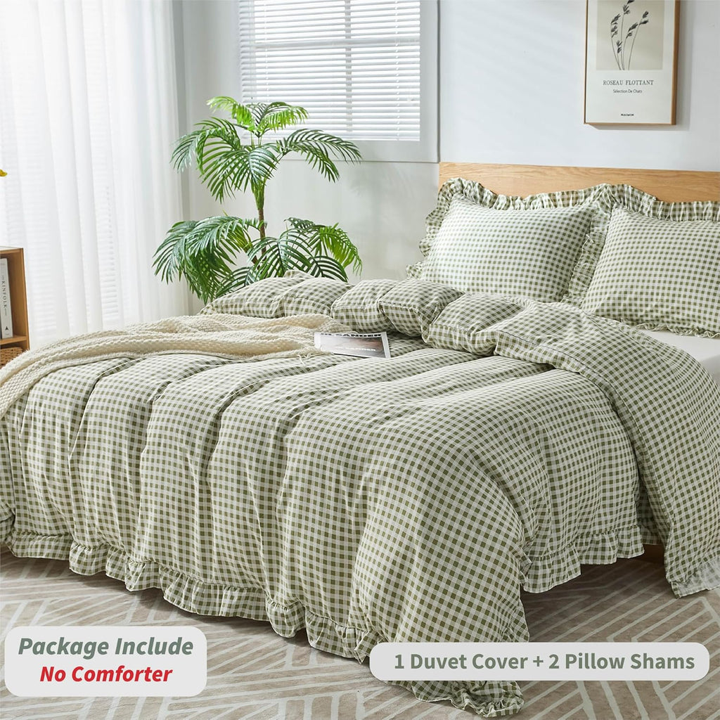 Gingham Duvet Cover, 3 Pieces Soft Breathable Microfiber Plaid Duvet Cover with Zipper Closure & 2 Pillow