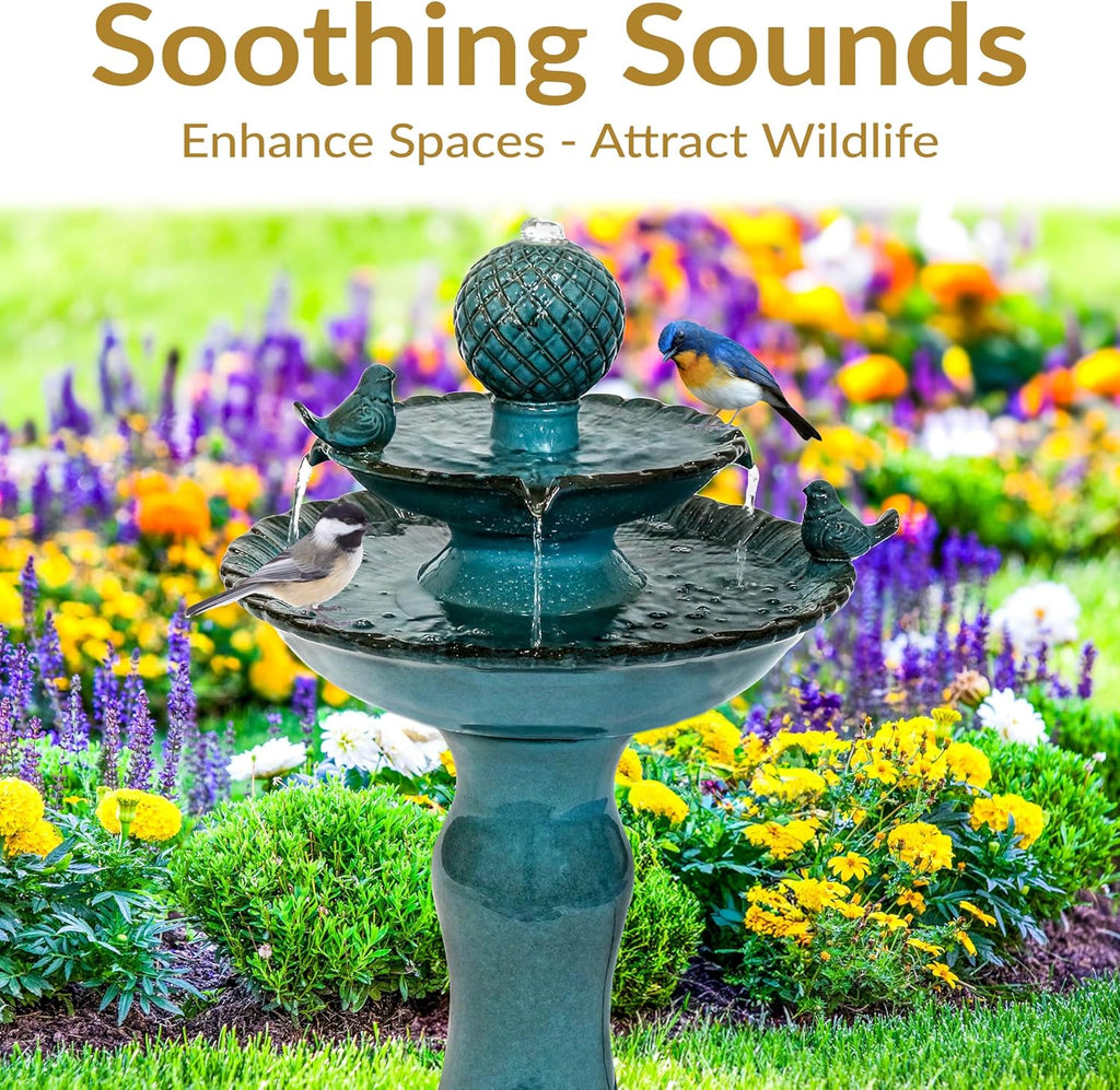 27" H 2-Tier Ceramic Water Fountain - Outdoor Water Feature - Garden Fountain - Blue