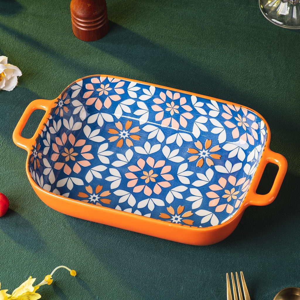 Ceramic Dish Set, 2-Piece Hand-painted Porcelain Rectangular Bakware set with Handles,Large 10.55"L*7.4"W and