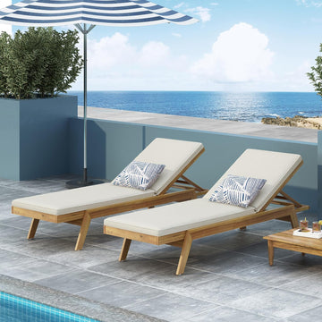 Outdoor Chaise Lounge Chair Set of 2, Acacia Wood Lounge Chair with 5-Position Adjustable Back and Cushion, Patio
