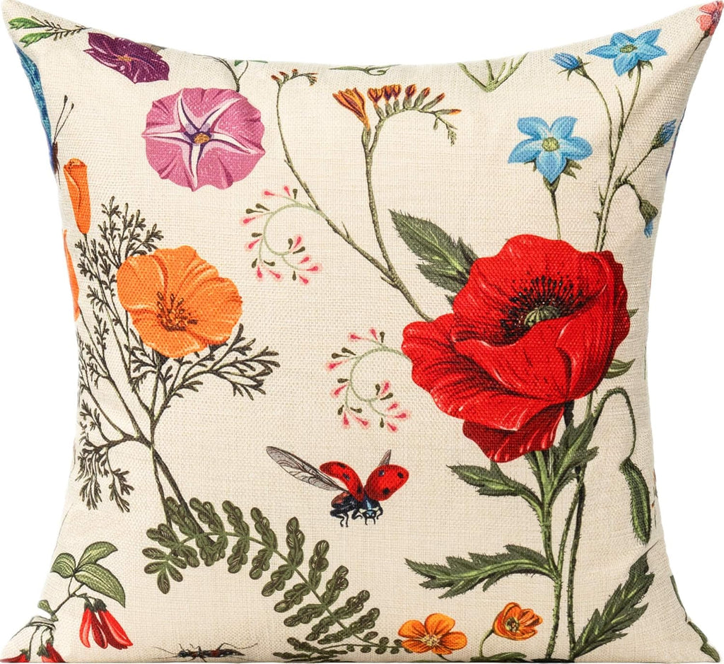 Outdoor Patio Throw Pillow Covers 18x18 Set of 4 Spring Summer Garden Flowers Farmhouse Décor Outside Furniture Bench