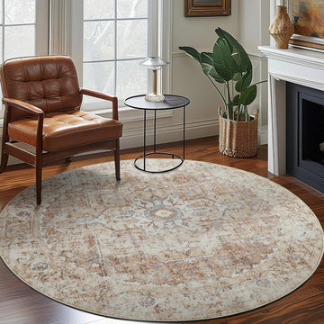 Kelda Round Rug 8ft Washable Area Rug Indoor Vintage Bedroom Floor Cover Distressed Circle Mat 8' Ro