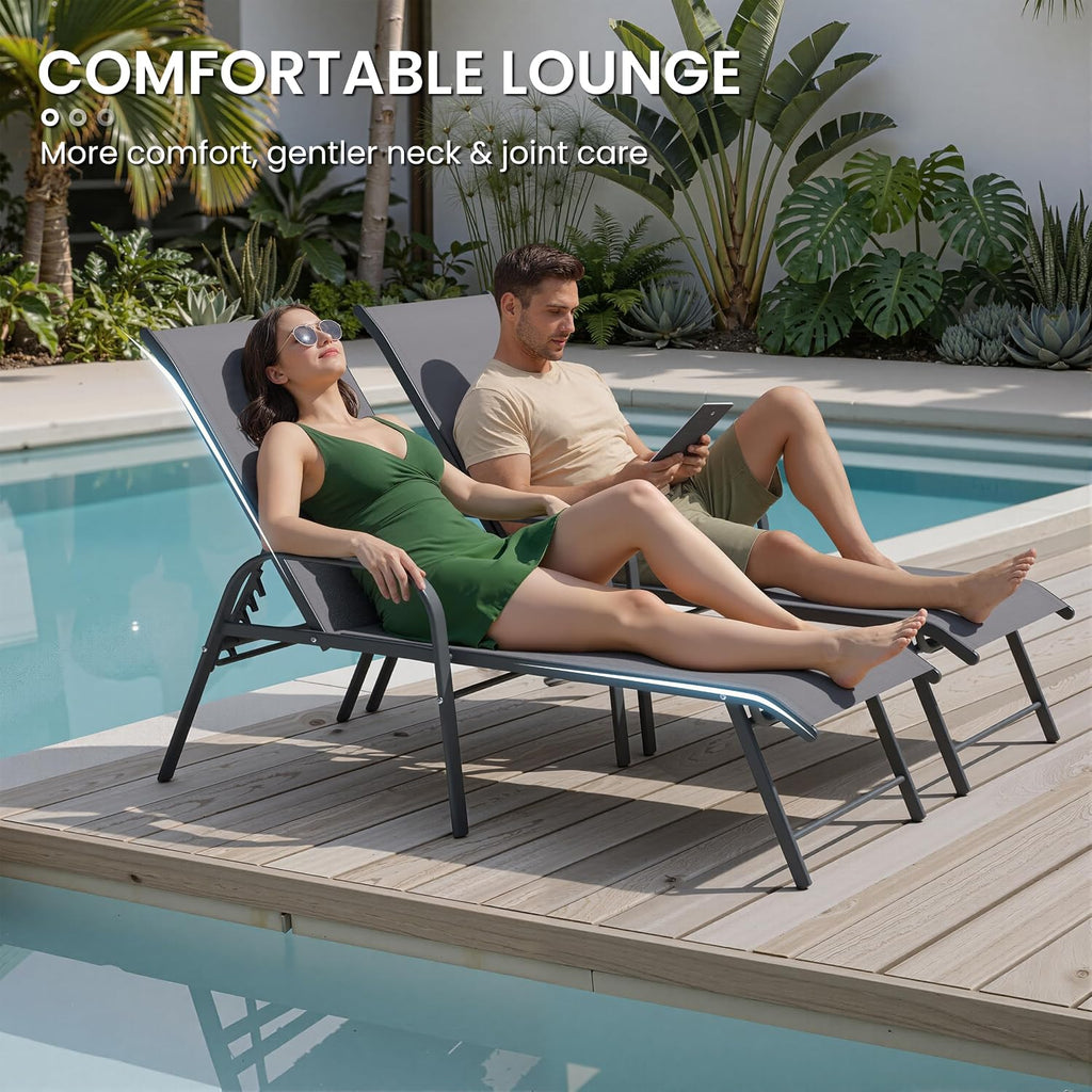 Chaise Lounge Outdoor, Aluminum Pool Lounge Chairs Set of 2 (Gray) | 5-Position Adjustable Backrest with Armrests