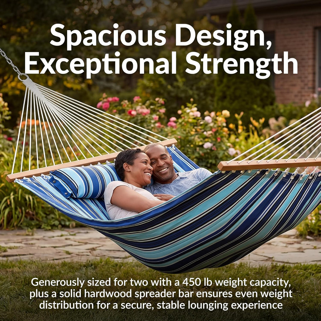 Quilted Double Hammock with Stand for Outside, 440 lb Capacity | Catalina Beach, UV-Resistant, Universal Black Steel