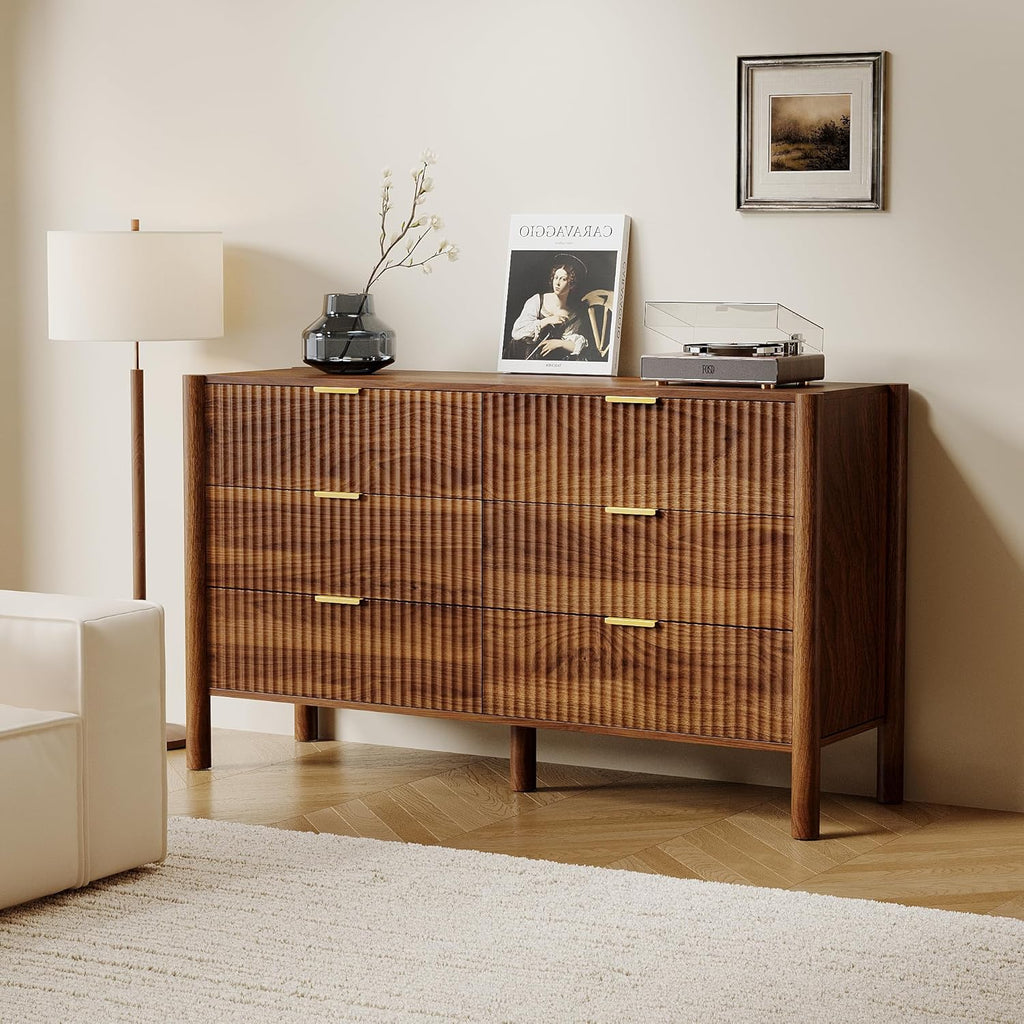 55" Wide 6-Drawer Fluted Dresser , Mid-Century Modern Chest with Solid Wood Legs, Large Storage Organizer,Metal