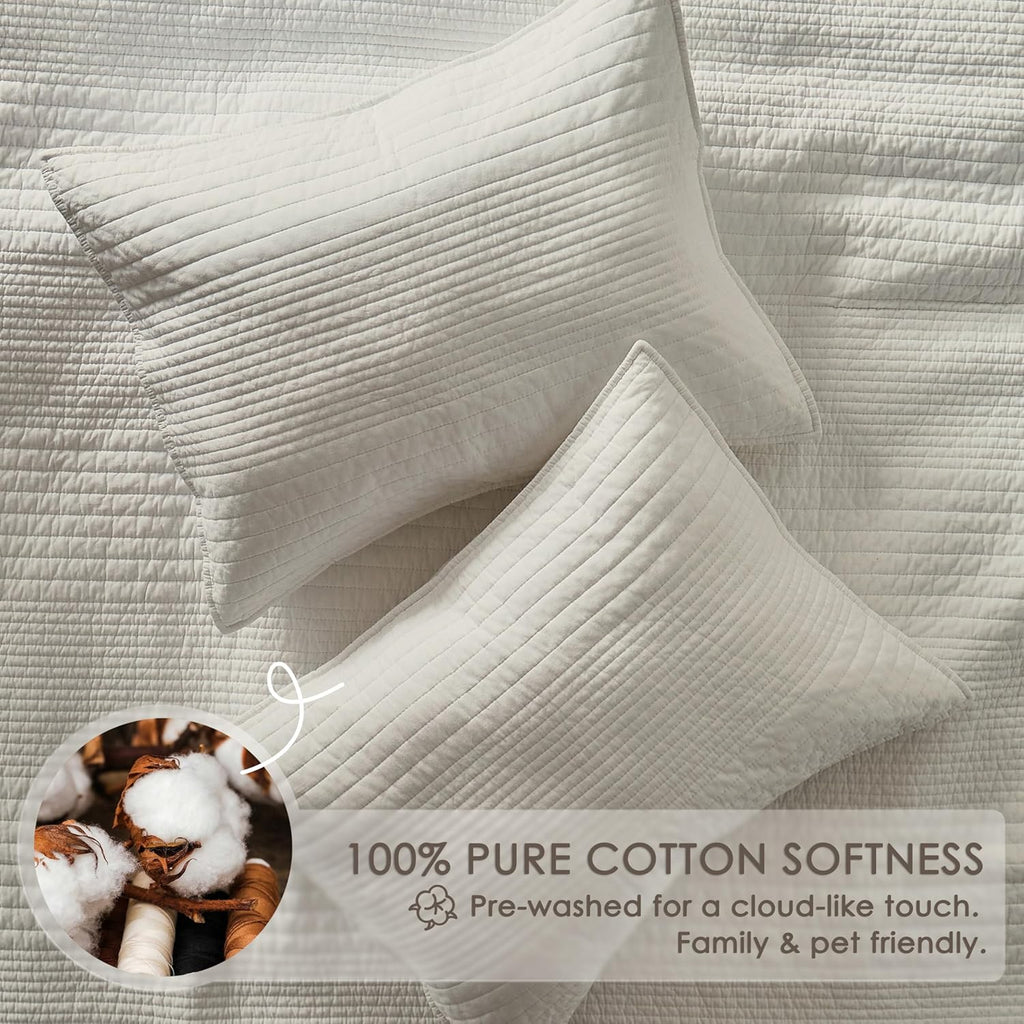 Striped Beige 100% Cotton Quilt Twin Bedding Sets, Lightweight Crinkly Channel Pick Stitch Textured Bedspread Soft