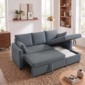 85" 3 Seats Sectional Sleeper Sofa with 3 in 1 Pull Out Bed, Gray