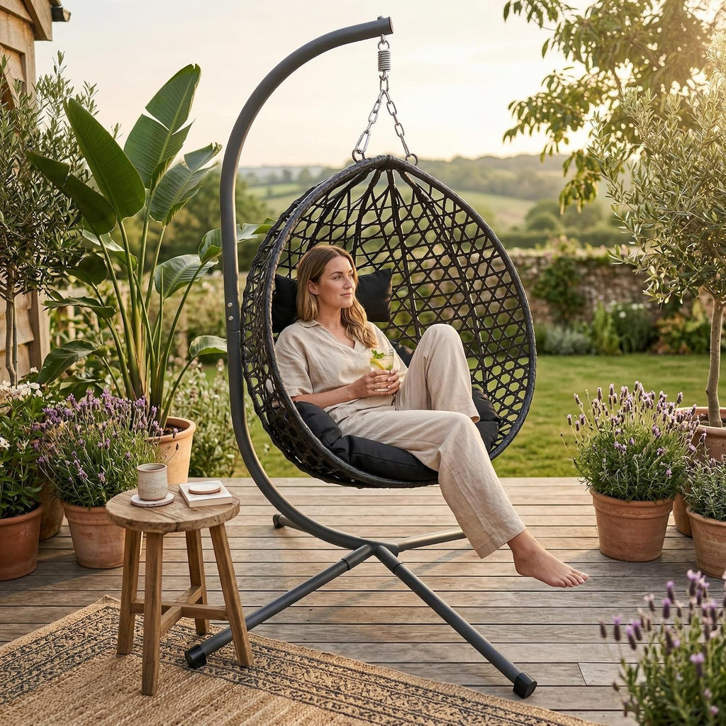 Outdoor Swing Chair, Folding Hanging Egg Chair with Stand Outdoor, PE Rattan Egg Swing Chair with Cushion & Pillow