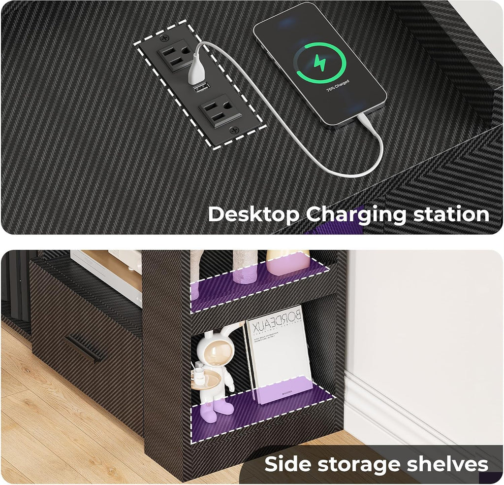 TV Stand for 75 Inch TV, Carbon Fiber Entertainment Center with 2 Drawers, Charging Station & RGB LED Light, Gaming