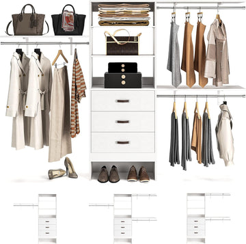 96" Wood Closet System with 3 Enclosed Drawers & 3 Solid Shelves, 8FT Adjustable Closet Organizers and Storage, Heavy