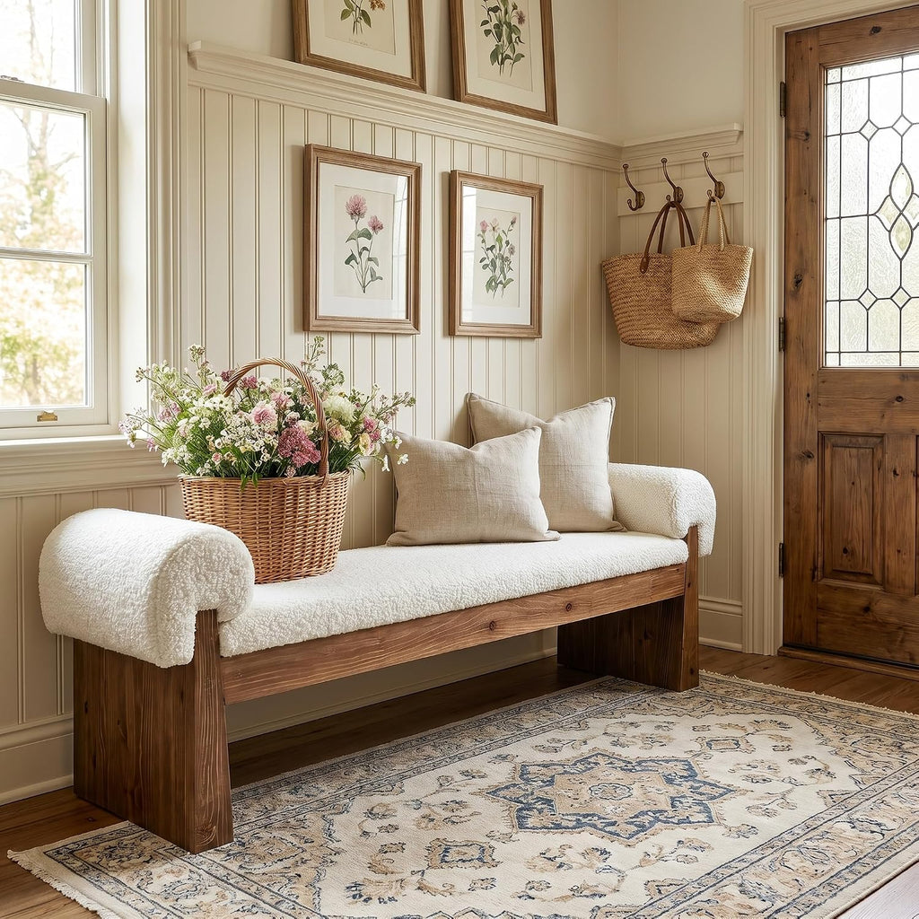Solid Wood Cushioned Bench, Upholstered Entryway Bench | Bedroom Ottoman Bench for Bed End, Padded Bench, Farmhouse