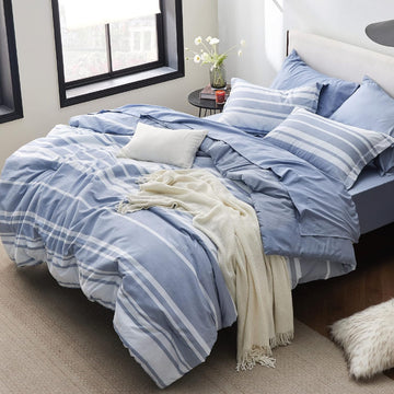 Blue Striped Comforter Set, King Bedding Set, 7 Piece