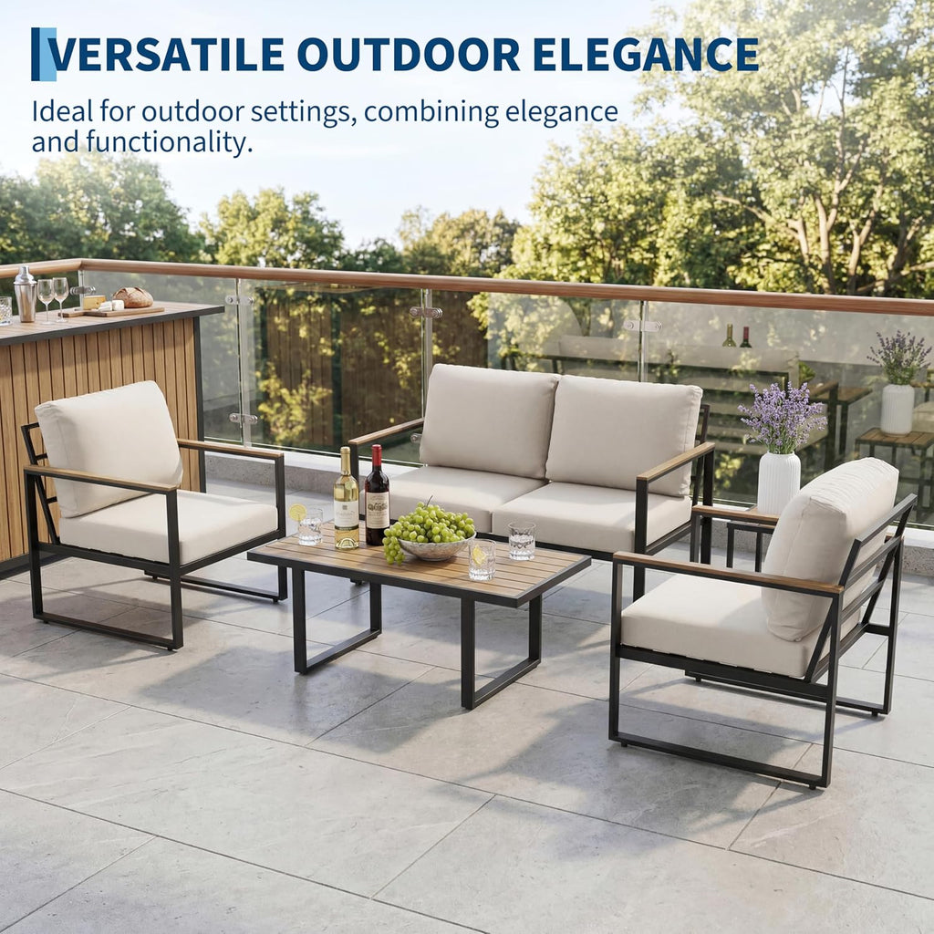 Outdoor Patio Furniture Set, 4-Piece Outdoor Conversation Sofa Set, Lawn Furniture with Coffee Table & Washable Thick