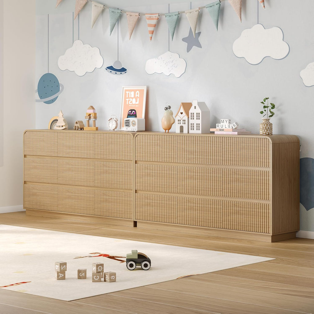 Dresser with 9 Drawers, Fluted Chest of Drawers with Round Curved Corner, Hidden Handles, Modern Wood Storage