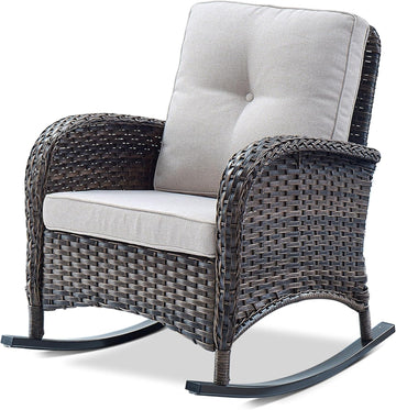 Patio Rocking Chair Wicker Chair, 1 Piece Outdoor Rocking Chair Seating with Cushions for Porch Deck Balcony