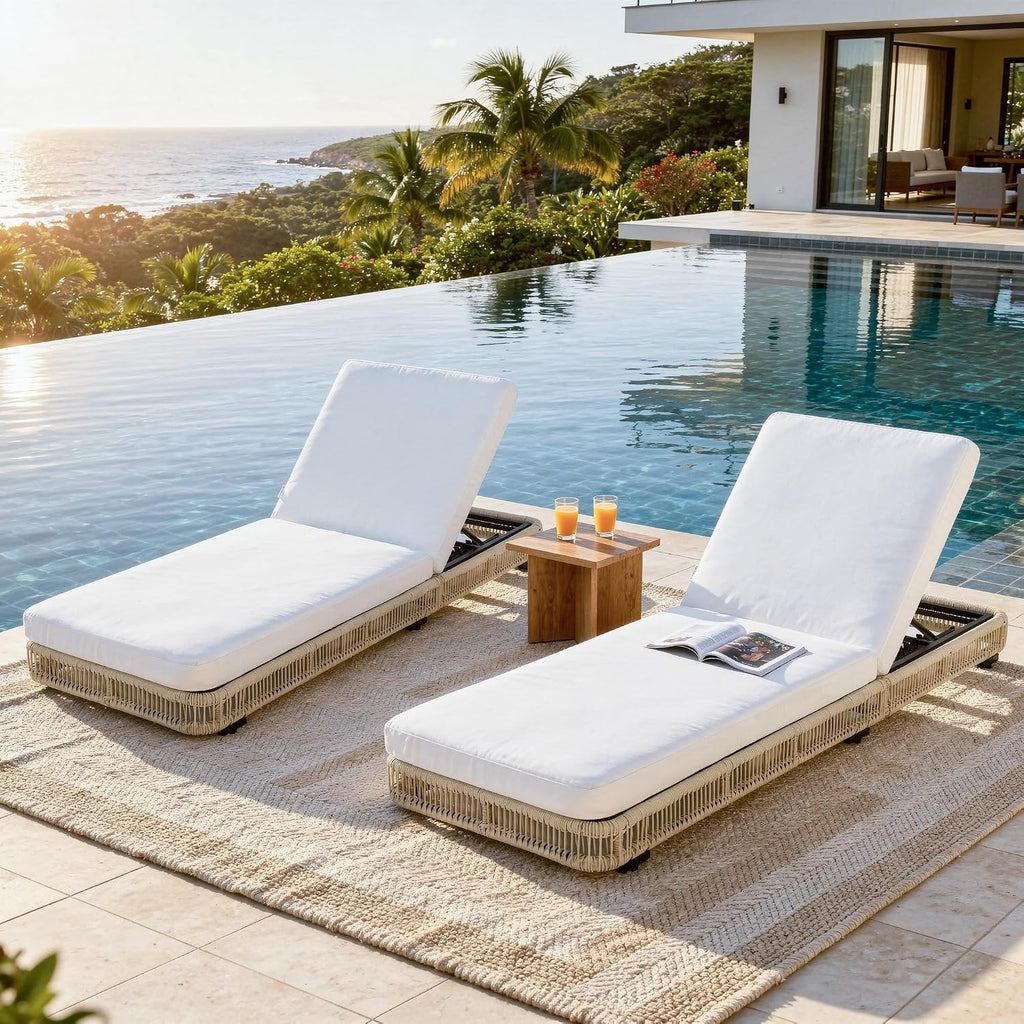 Outdoor Chaise Lounges Set of 2, 5 Adjustable Backrest Patio Lounge Chair, Wicker Rope Outdoor Furniture - Beige