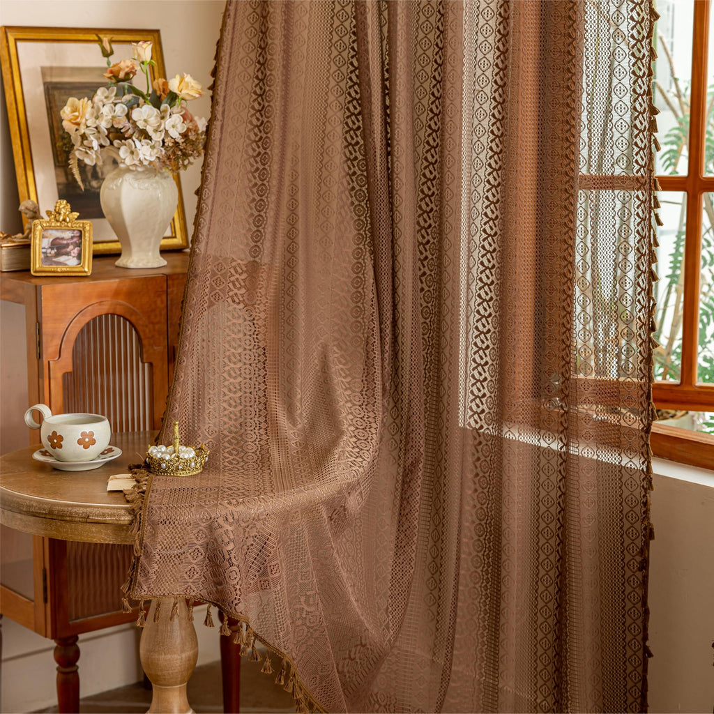 Dark Coffee Lace Boho Curtains Nursery, Crochet Semi Sheer Macrame Bohemian Cottage Farmhouse Fringes Vintage Chic