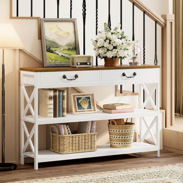 47.2" Farmhouse Console Table, Sofa Table with Drawer, Narrow Long Entry Table with 2 Shelf , White/Walnut
