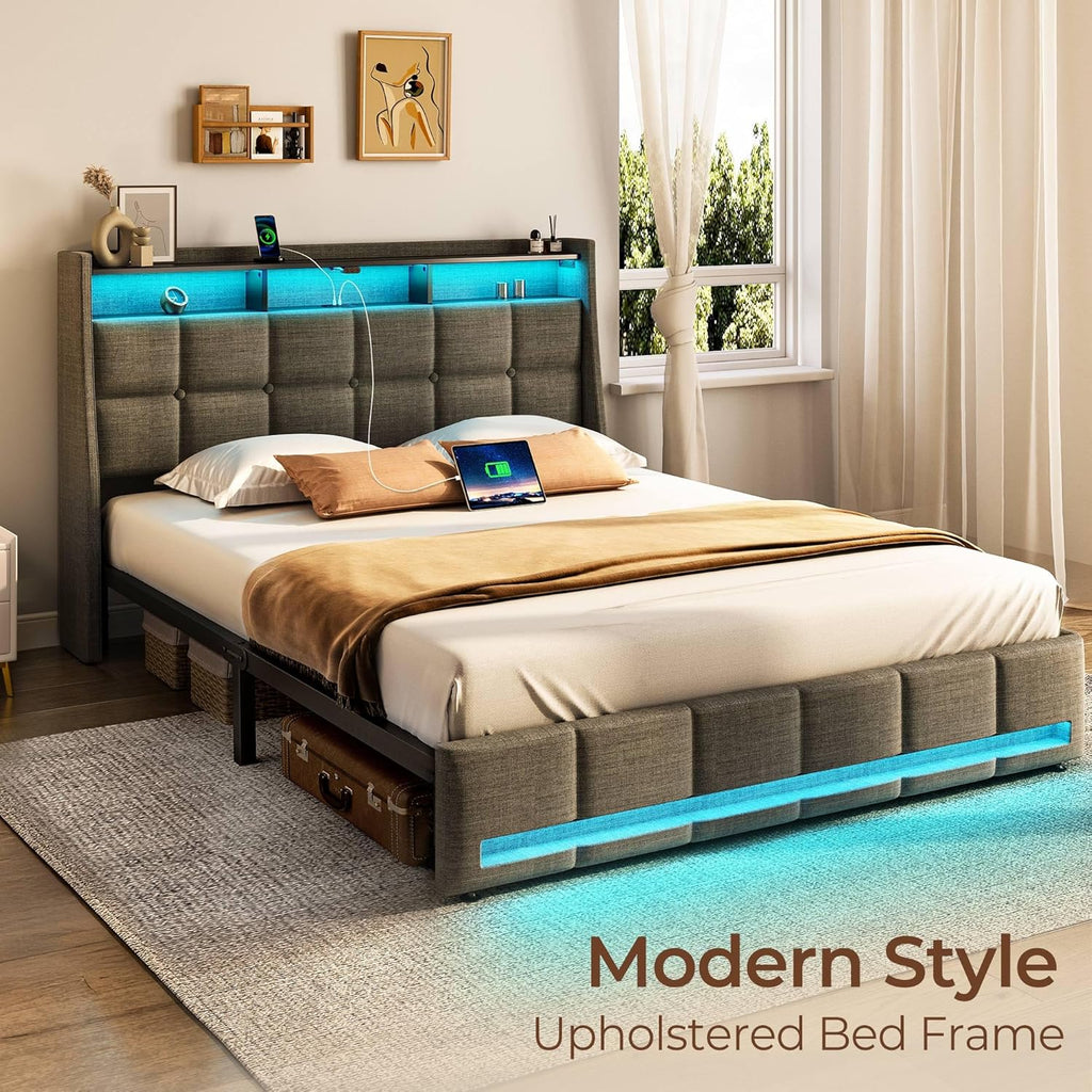 Full Bed Frame with LED Lights and Charging Station, Upholstered Headboard with 2-Tier Storage Shelves