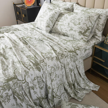 Toile Sheets Set King Sage Green Toile de Jouy Bedding Pastoral Print French Country Bedding 100% Egyptian Cotton