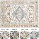 9x12 Washable Boho Vintage Area Rug, Large Neutral Non-Slip Carpet Beige Blue