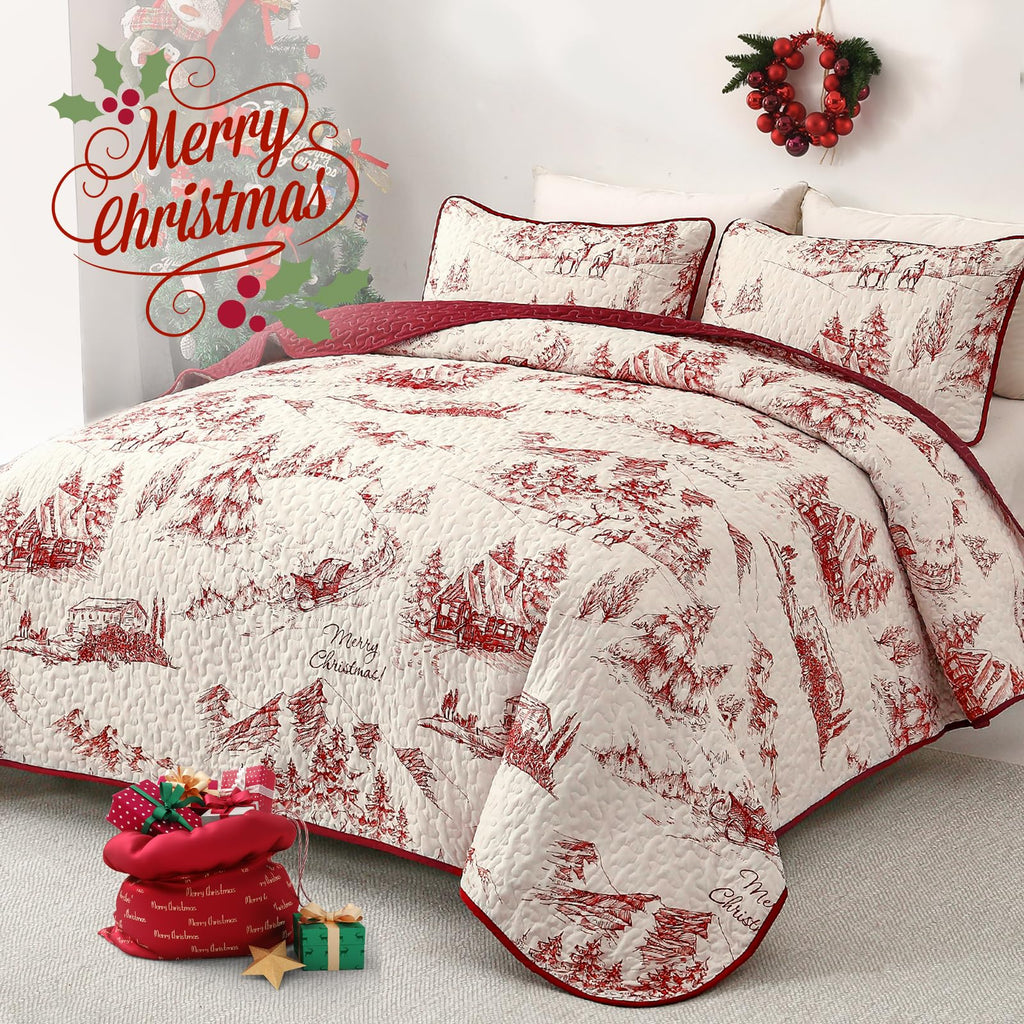 Christmas Quilt Set King Size, Xmas Red Cottage Tree Bedding