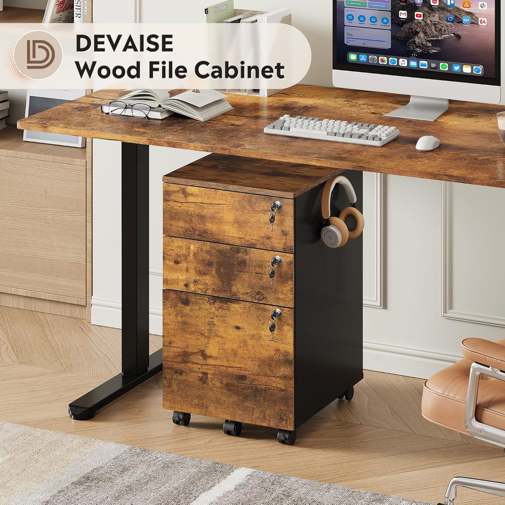3 Drawer Wood File Cabinet with Individual Locks, Rustic Brown | Mobile Printer Stand with Wheels, Wood Filing