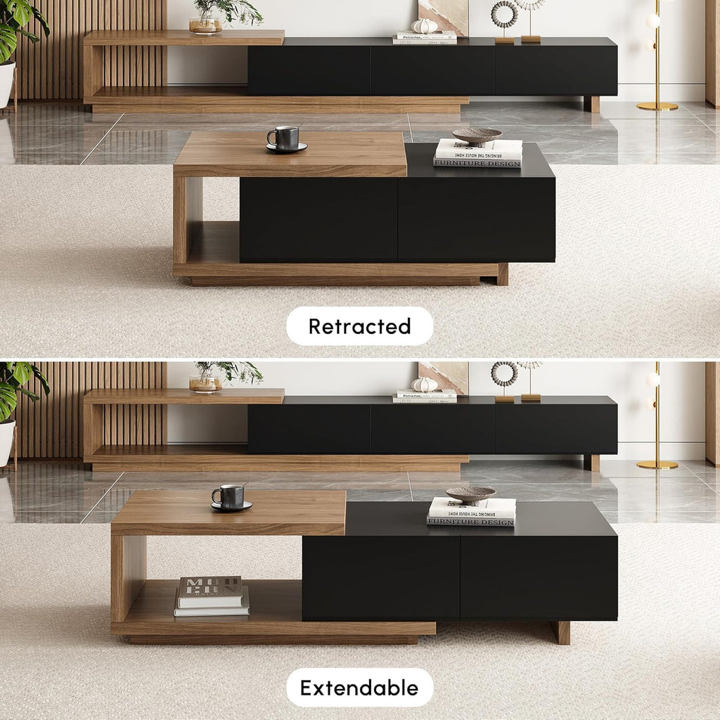 Extendable Coffee Table, 47"-69" Expandable Walnut Coffee Table with 2 Drawers