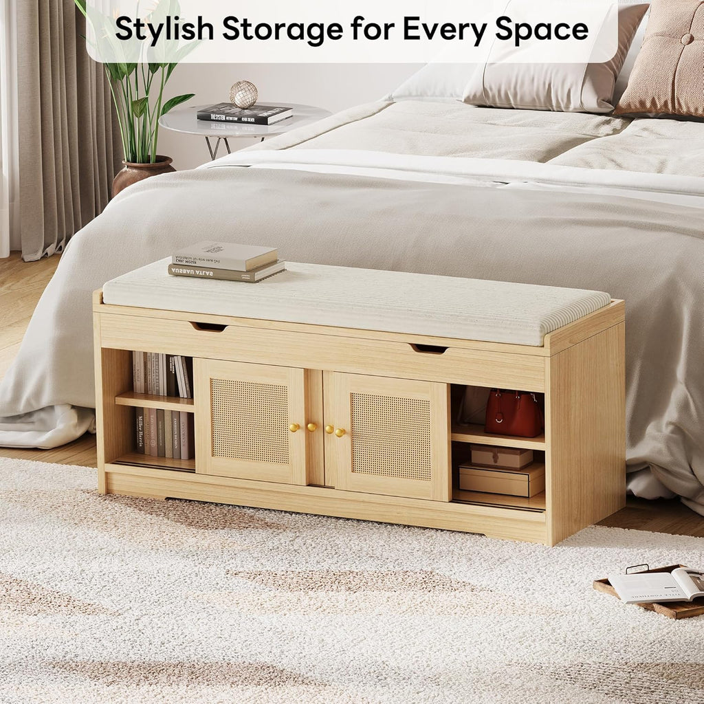 47.2" Shoe Bench with Lift Top Storage, Entryway Bench with Cushioned Seat, 2-Tier Rattan Shoe Cabinet with