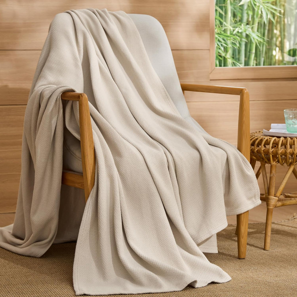 GentleSoft 100% Cotton Large Throw Blanket, Soft Cozy Herringbone Woven Cotton Throw for Summer, Linen Beige Office