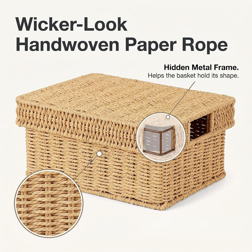 Wicker Storage Basket with Lid for Shelves, Set of 2, Natural | One rectangular wicker basket with lid and one open
