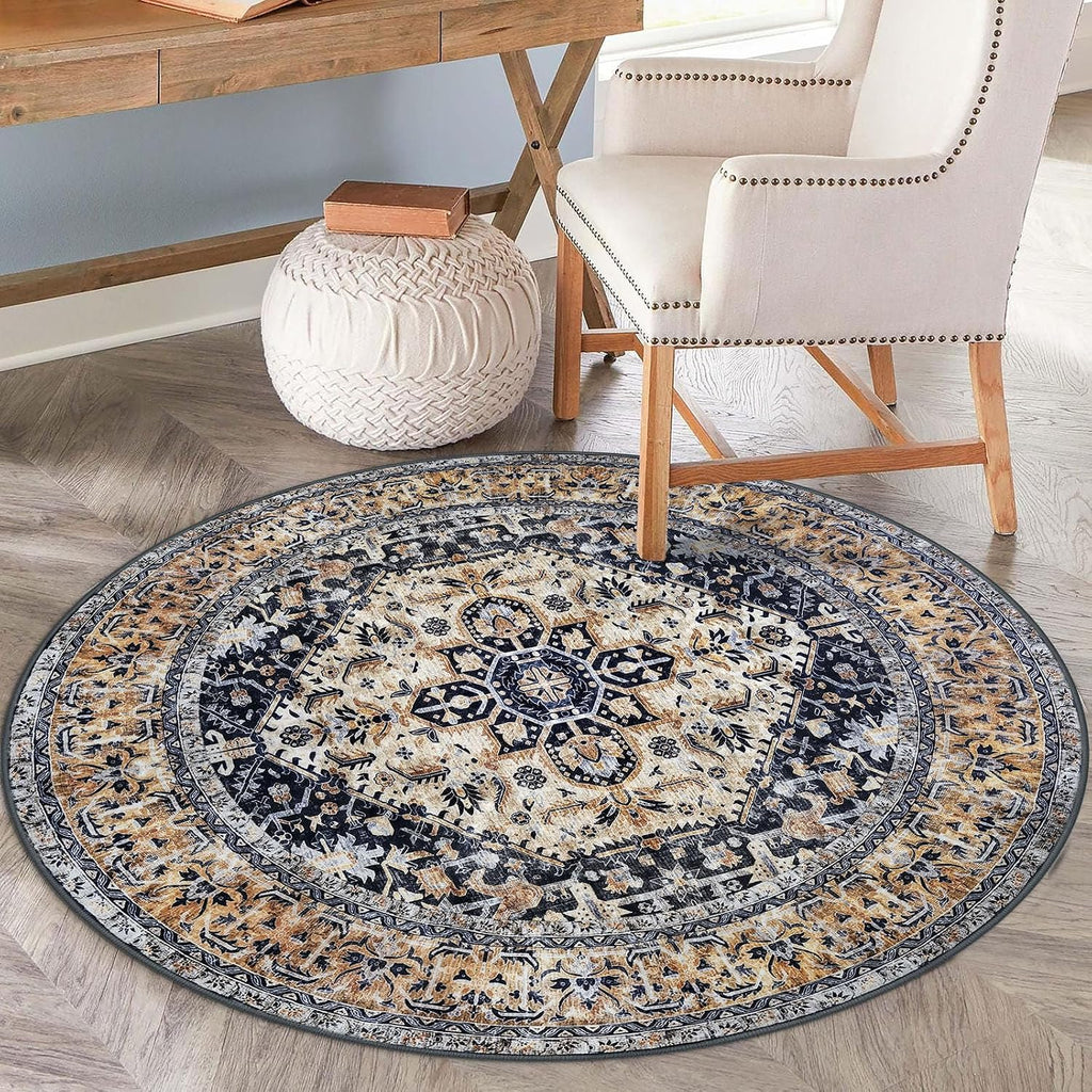 Round Rug 6 Ft Rugs Washable Circle Rug Non Slip Round Living Room Rugs Printed Faux Wool Vintage Round Dining Room